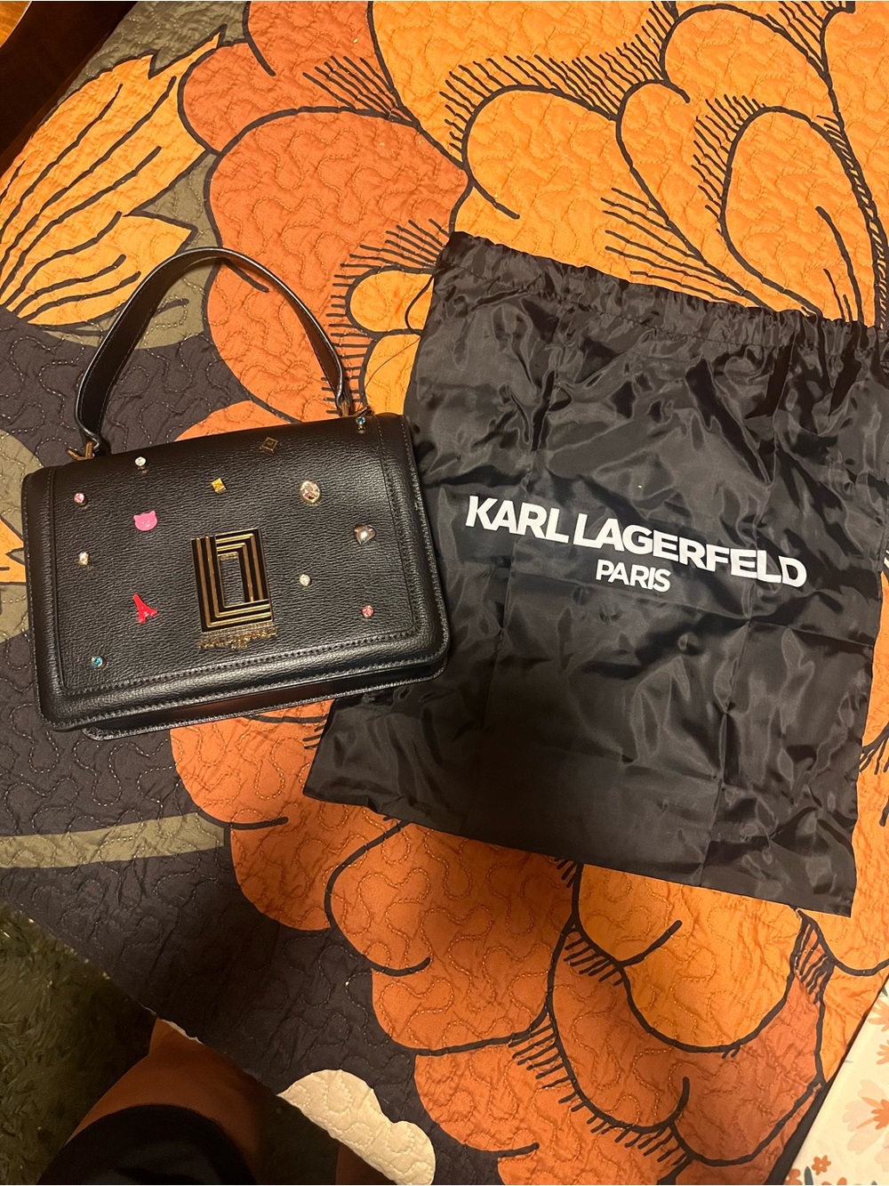Karl Lagerfeld Black Embellished Top-Handle Bag with Strap
